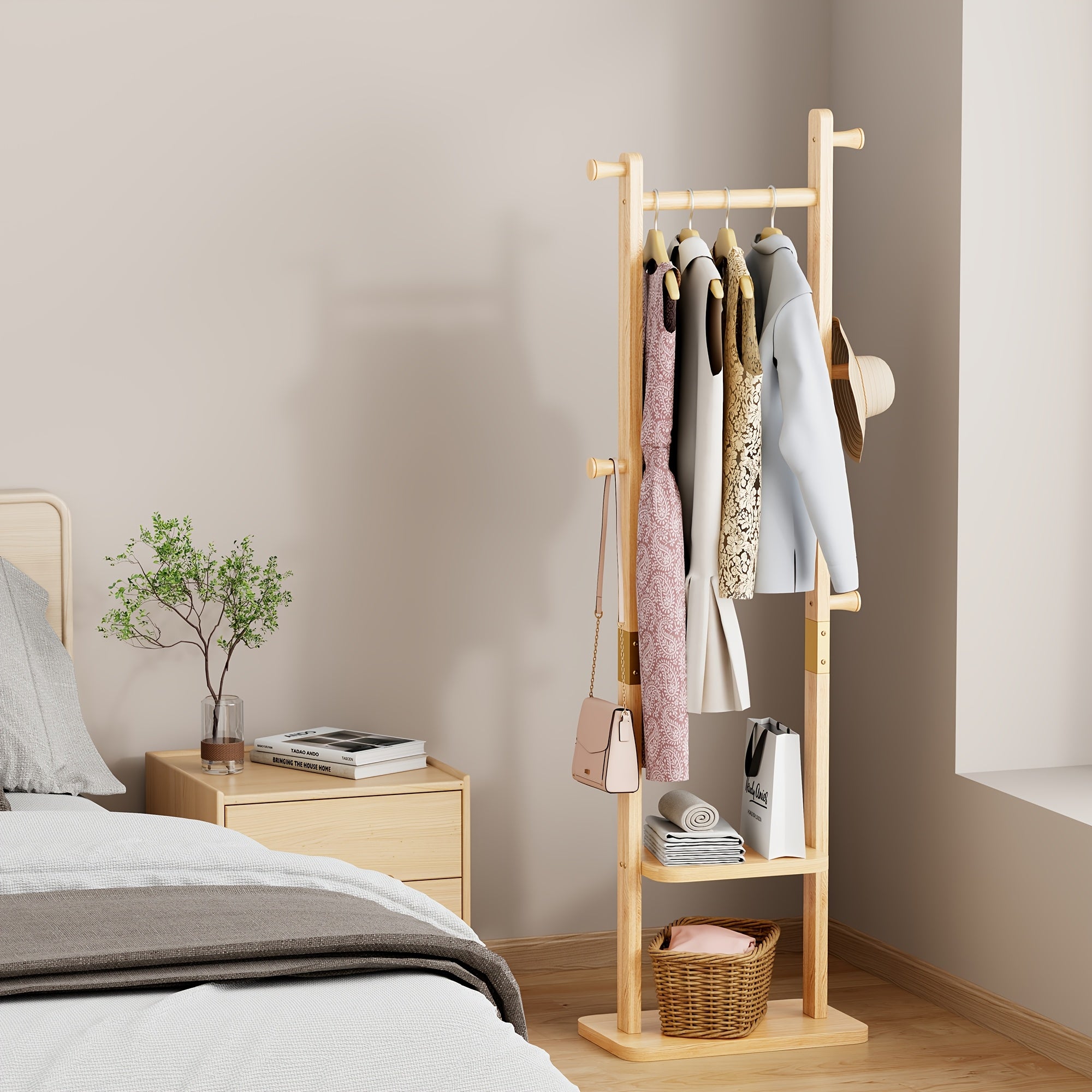 Heavy-Duty Solid Rubberwood Coat Rack Freestanding with Wheels - Wide Base Shoe Storage Suitable for Entryway, Bedroom, Living Room - Portable Clothing Rack with Shelves & Hooks, Assembly, Wood Color (Walnut)