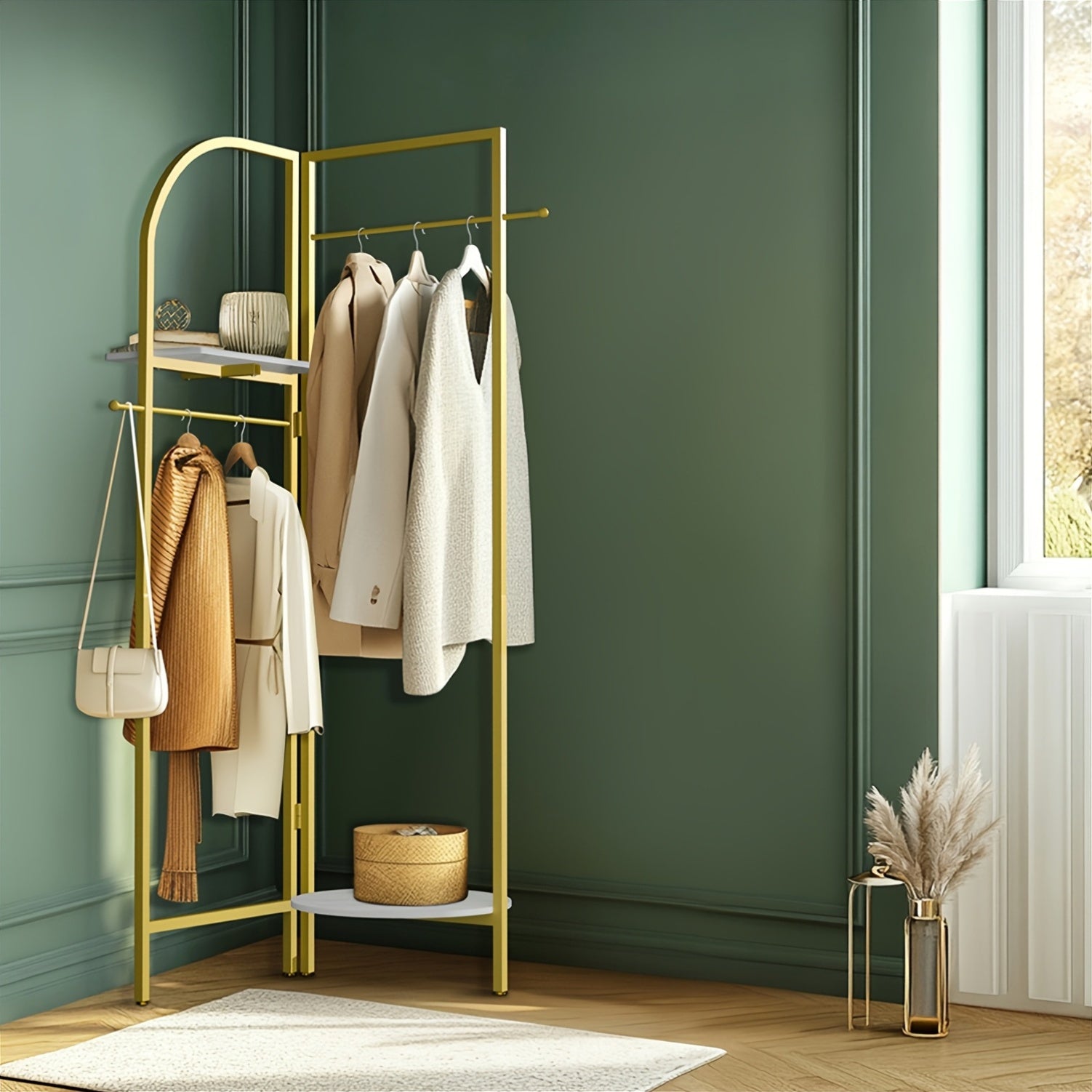 AESOME Heavy Duty Corner Golden Metal Clothing Racks Freestanding Clothes Racks Coat Rack With 2 Shelves Angle Adjustable Design Unique Garment Racks Display Racks For Hanging Clothes