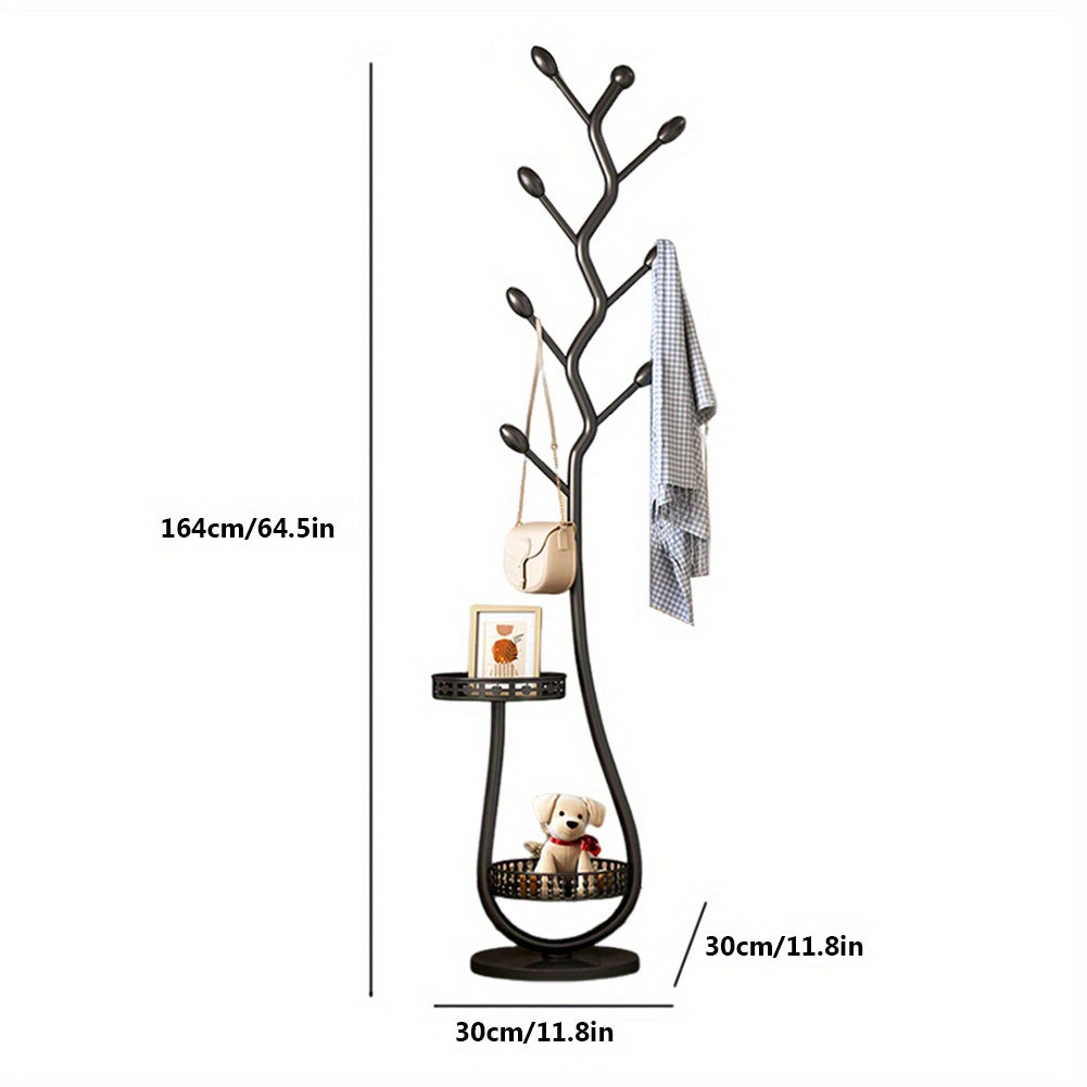 Metal Coat Rack Carbon Steel Coat Tree with 2 Storage Tray Freestanding Coat Rack Multi-Function Clothes Hanging Organizer Heavy Duty for Hats Coats Scarves Handbag