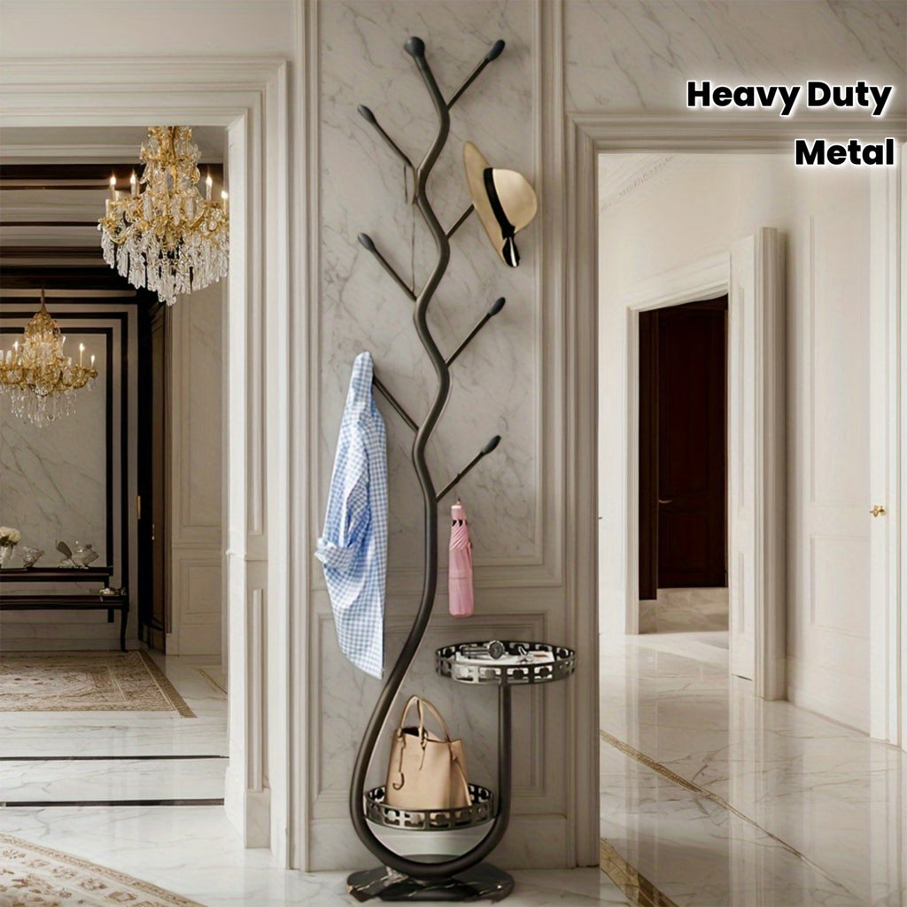 Metal Coat Rack Carbon Steel Coat Tree with 2 Storage Tray Freestanding Coat Rack Multi-Function Clothes Hanging Organizer Heavy Duty for Hats Coats Scarves Handbag
