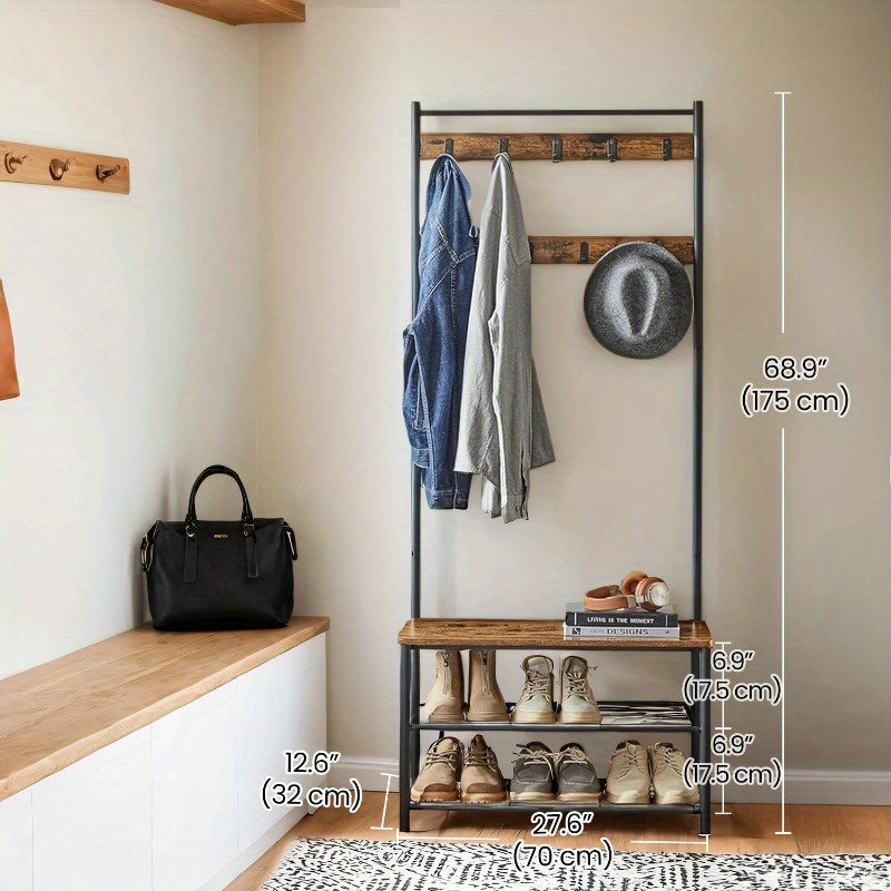 Industrial Coat Rack Hall Tree with Shoe Storage Bench, 3-in-1 Entryway Organizer for Clothes & Shoes, Steel Frame Space Saving Storage