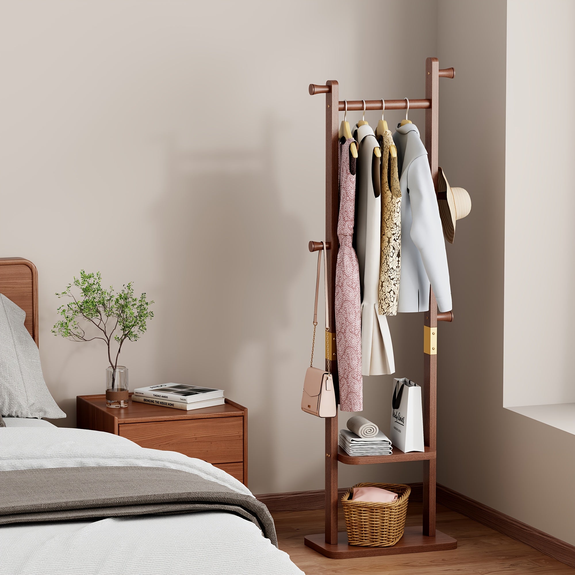 Heavy-Duty Solid Rubberwood Coat Rack Freestanding with Wheels - Wide Base Shoe Storage Suitable for Entryway, Bedroom, Living Room - Portable Clothing Rack with Shelves & Hooks, Assembly, Wood Color (Walnut)