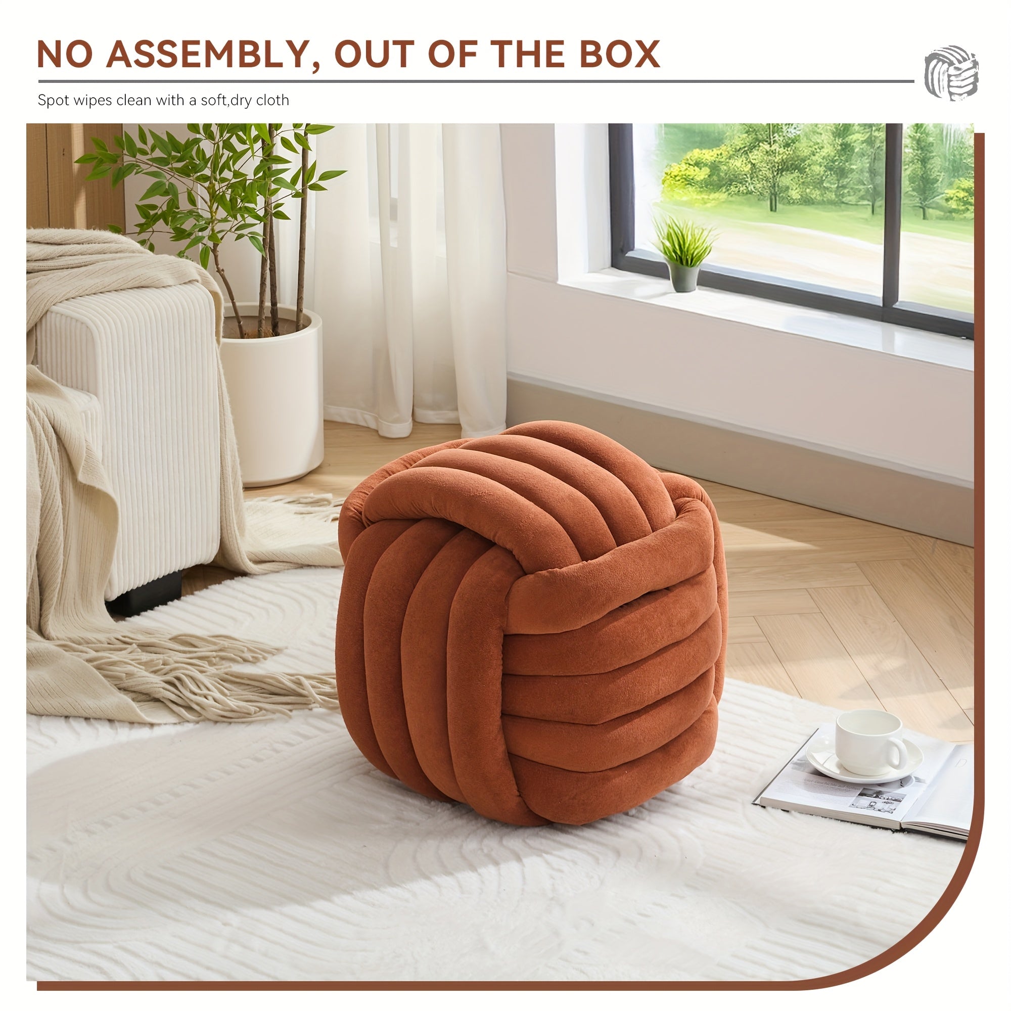 Modern Chenille Fabric Knotted Ottoman Footrest - Orange Plush Stool with Hardwood Frame, Freestanding Compact Design (\u003C27\