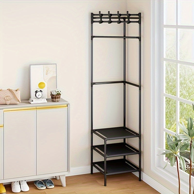 Space Magic Item! Must-Have for Small-Sized Living Rooms\u002FStorage Areas. Multi-Functional Corner Coat Rack with Upper Layer for Hanging Clothes And Lower Layer for Storage. Easy And Stylish Appearance, Perfect for Those Who Love Organizing