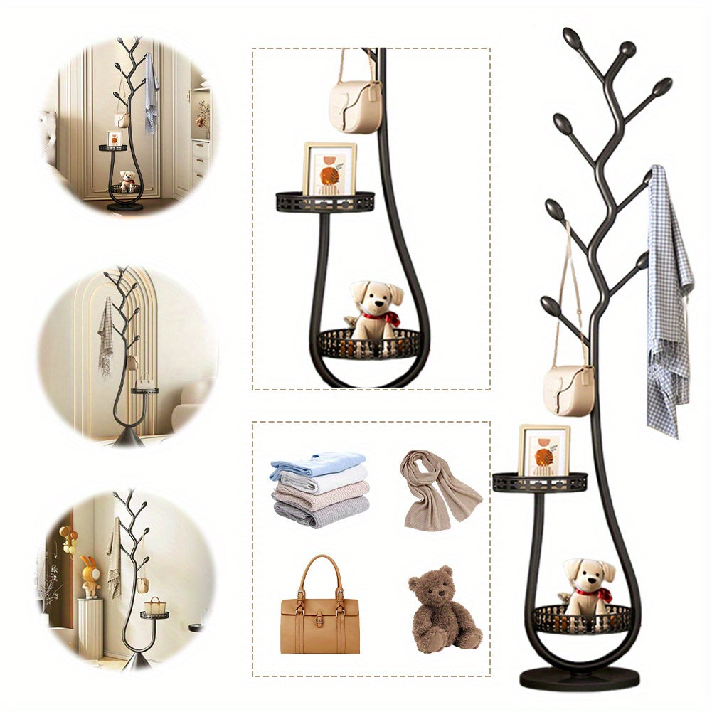 Metal Coat Rack Carbon Steel Coat Tree with 2 Storage Tray Freestanding Coat Rack Multi-Function Clothes Hanging Organizer Heavy Duty for Hats Coats Scarves Handbag