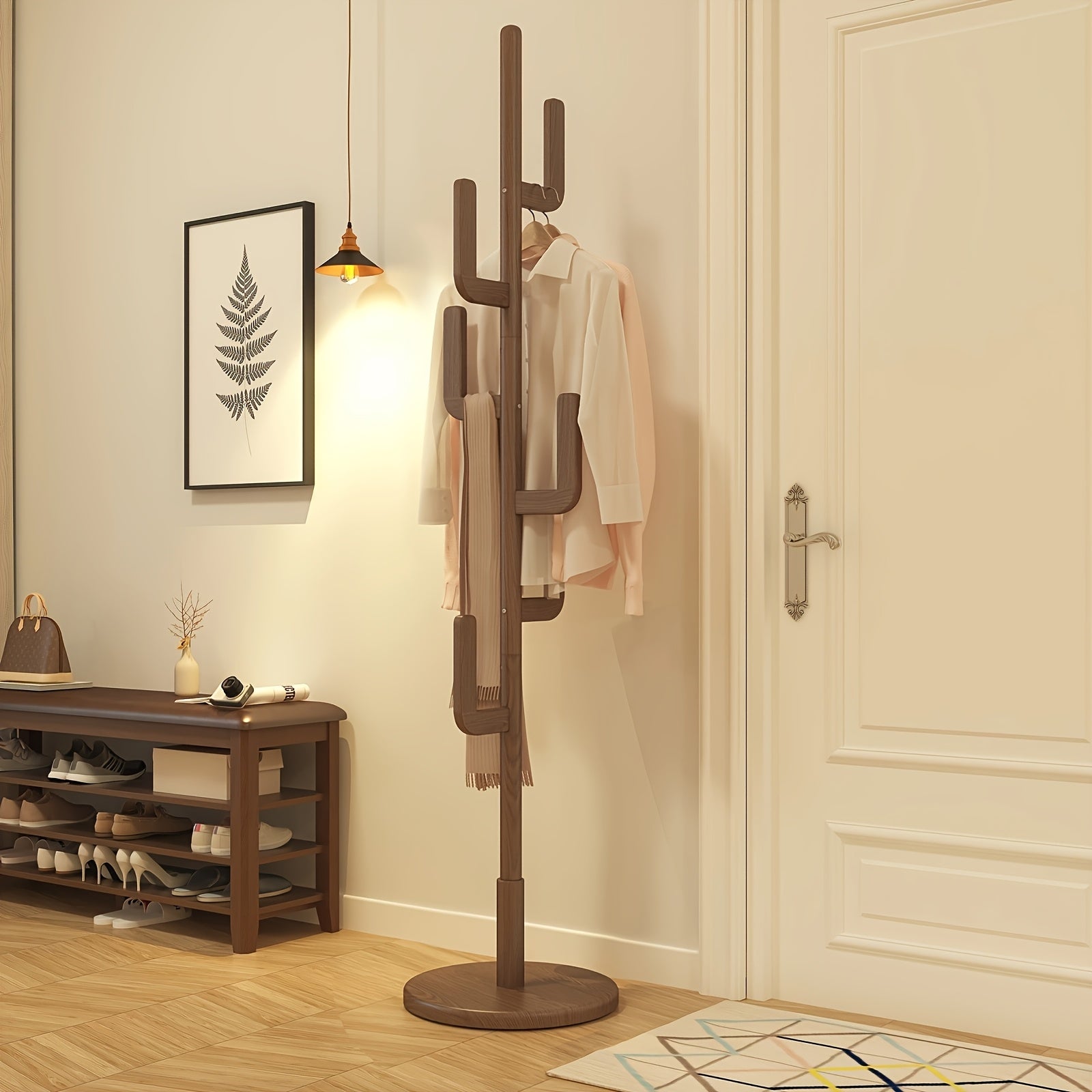 A Coat Stand Made of Solid Wood Shaped Like a Cactus, Featuring Six L-Shaped Hooks And Three Adjustable Heights. This Sturdy And Easy-To-Assemble Coat Tree Is Perfect for Your Entryway Or Bedroom, Ideal for Christmas Gifts And Black Friday Deals