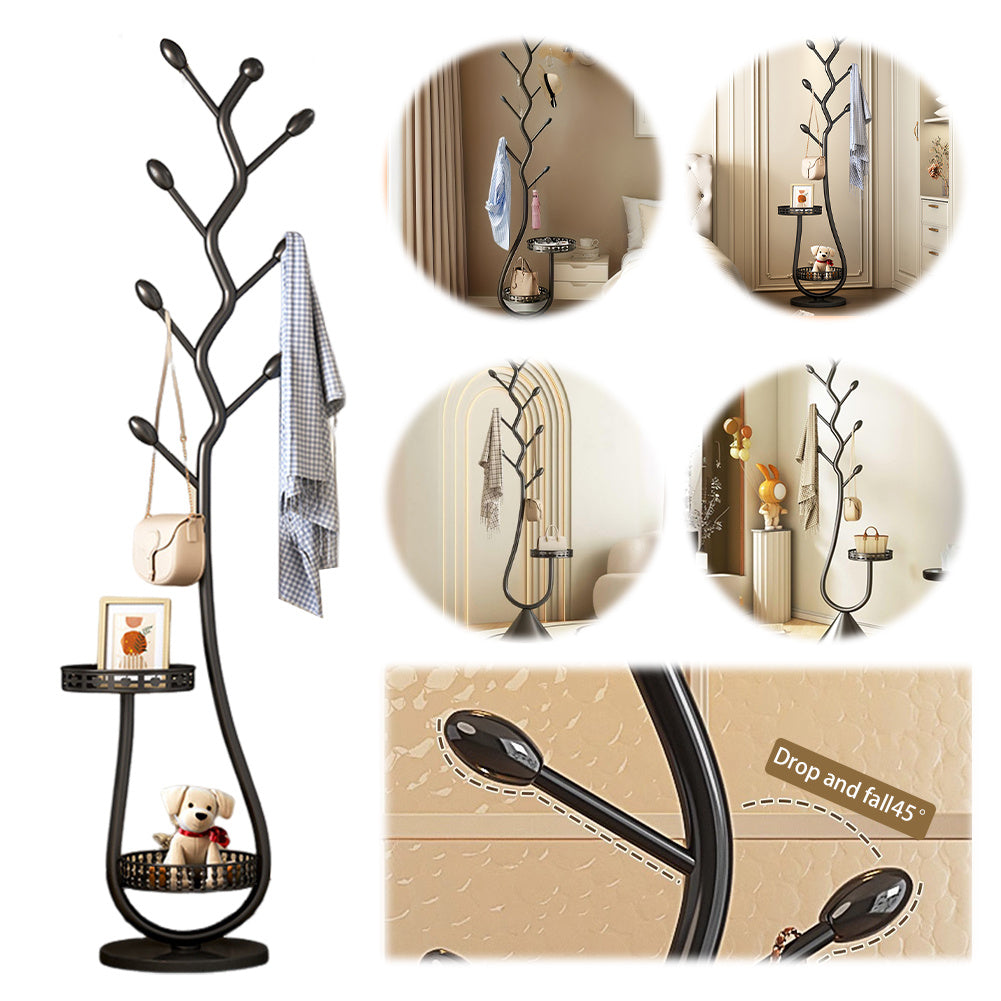 Metal Coat Rack Carbon Steel Coat Tree with 2 Storage Tray Freestanding Coat Rack Multi-Function Clothes Hanging Organizer Heavy Duty for Hats Coats Scarves Handbag