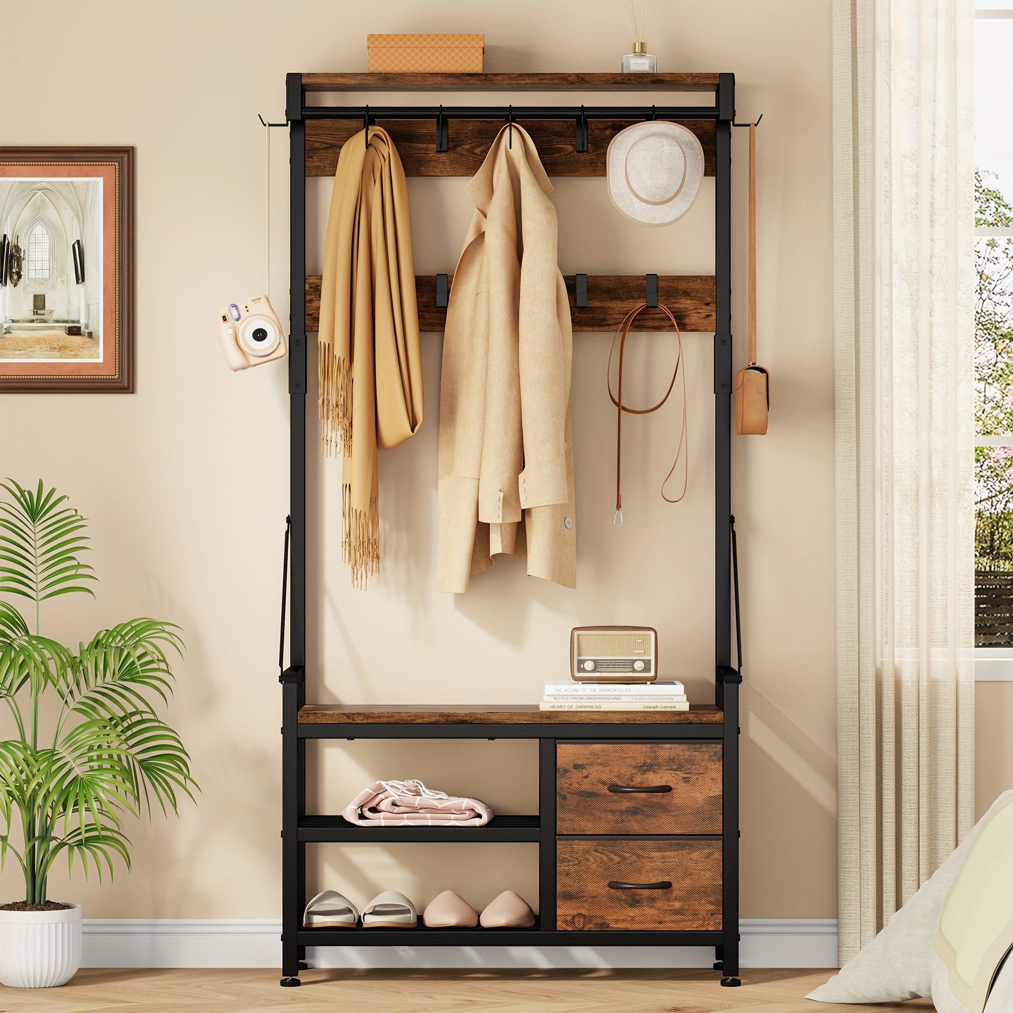 6-In-1 Coat Rack with Entry Bench, Hall Tree with 17 Hooks, 2 Fabric Drawers, Shoe Rack, Metal‑Frame Entryway Coat Rack, Space-Saving Storage Organizer for Bedroom, Mudroom And Closet