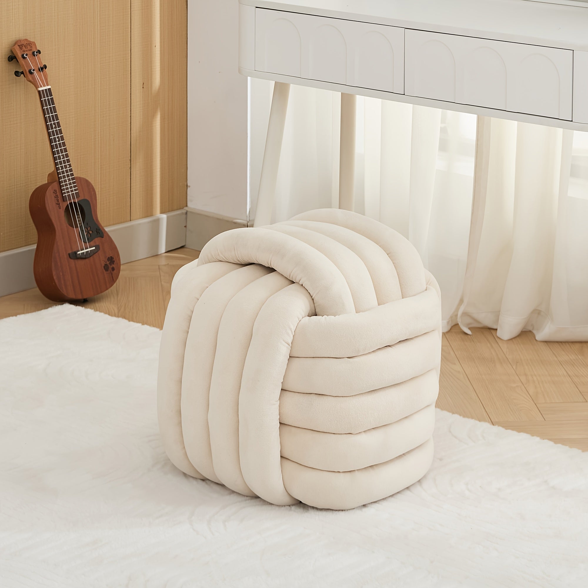Modern Chenille Fabric Knotted Ottoman Footrest - Orange Plush Stool with Hardwood Frame, Freestanding Compact Design (\u003C27\