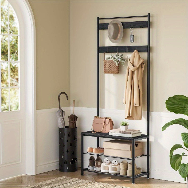 Industrial Coat Rack Hall Tree with Shoe Storage Bench, 3-in-1 Entryway Organizer for Clothes & Shoes, Steel Frame Space Saving Storage