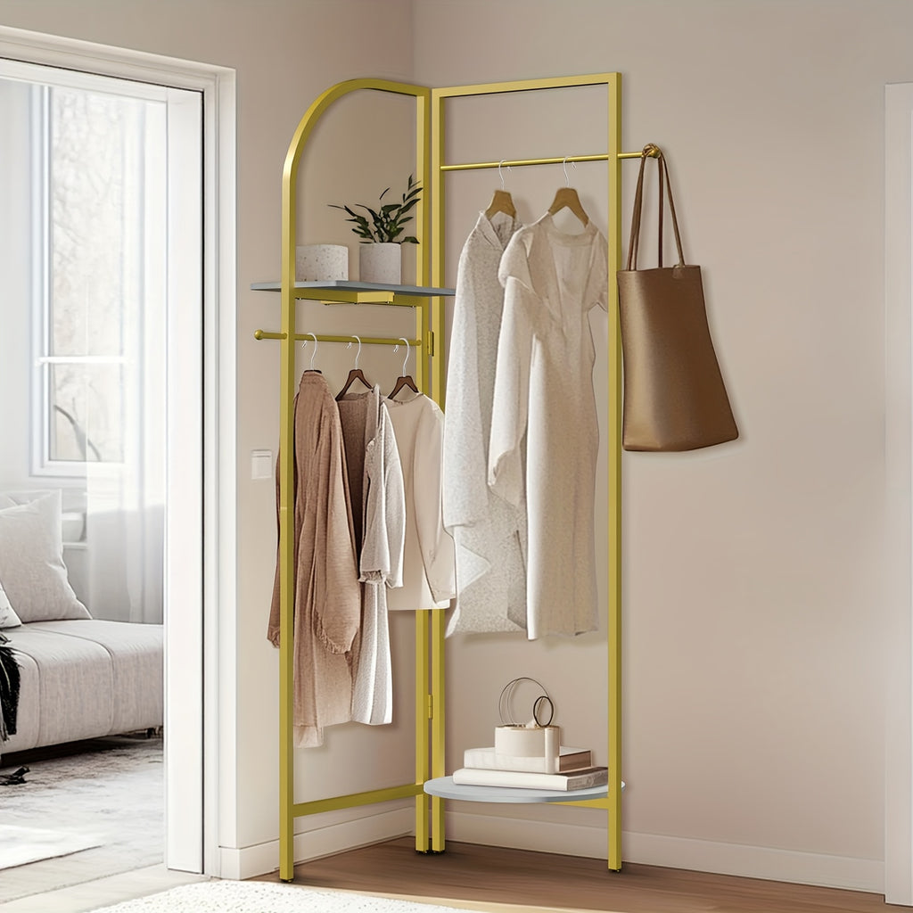 AESOME Heavy Duty Corner Golden Metal Clothing Racks Freestanding Clothes Racks Coat Rack With 2 Shelves Angle Adjustable Design Unique Garment Racks Display Racks For Hanging Clothes