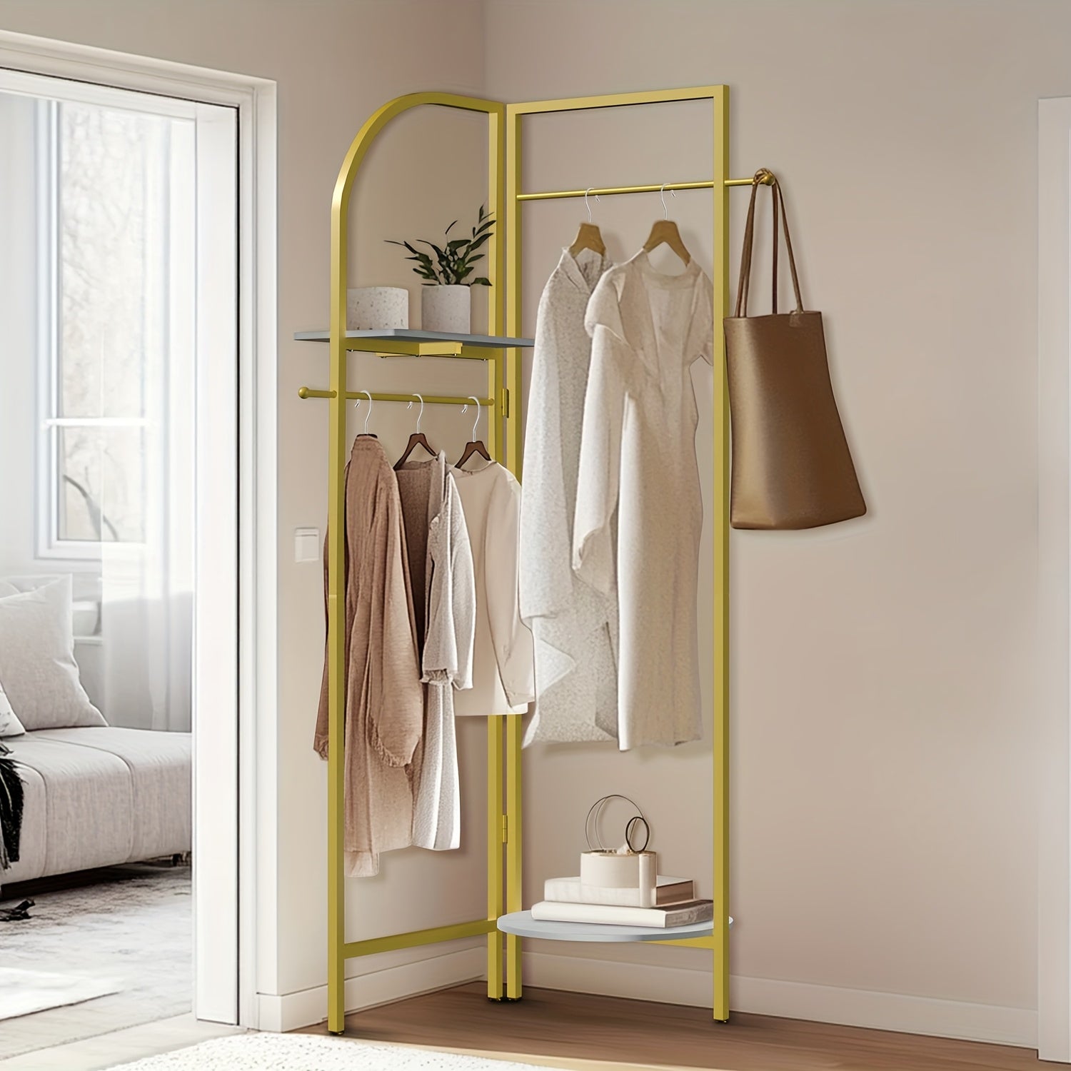 AESOME Heavy Duty Corner Golden Metal Clothing Racks Freestanding Clothes Racks Coat Rack With 2 Shelves Angle Adjustable Design Unique Garment Racks Display Racks For Hanging Clothes