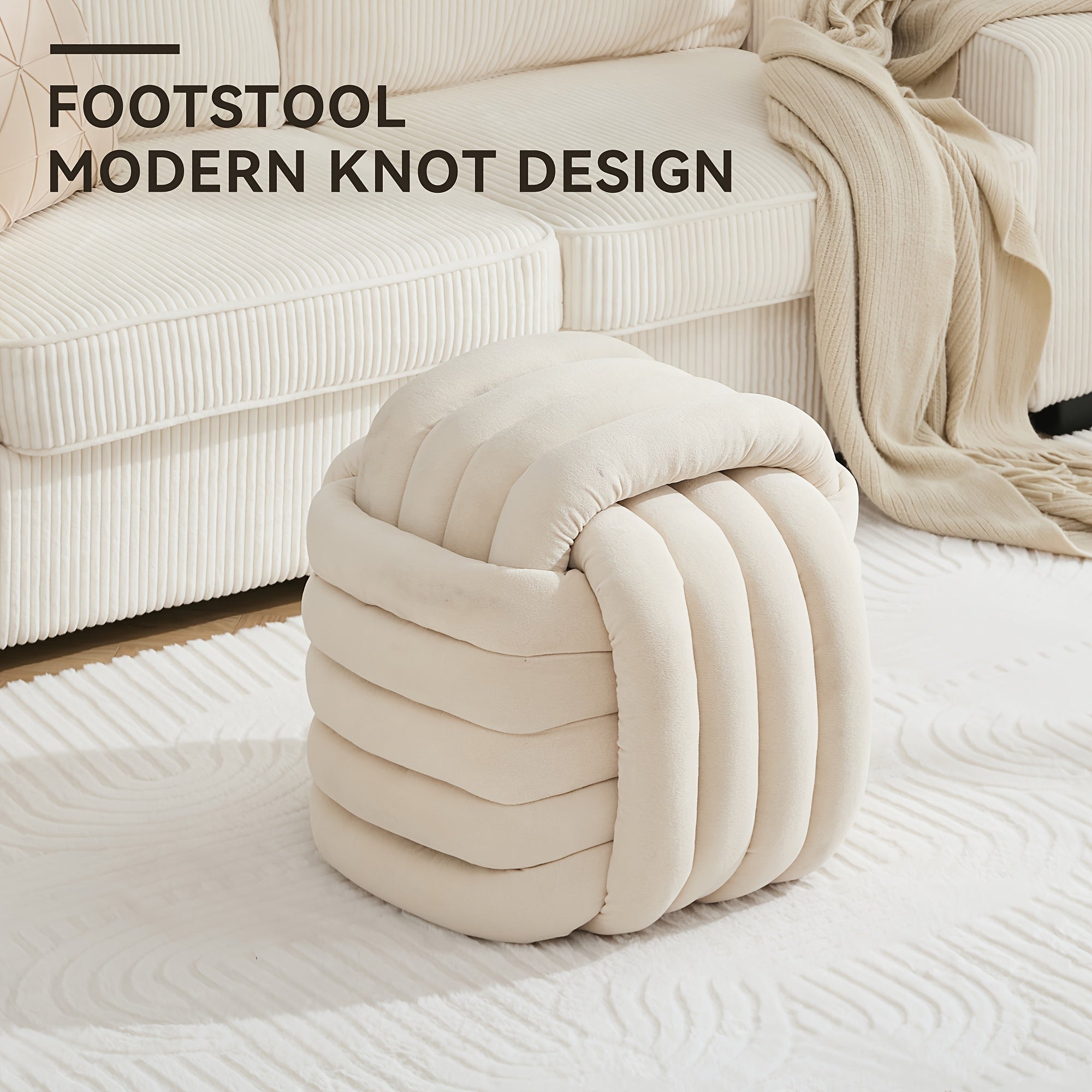 Modern Chenille Fabric Knotted Ottoman Footrest - Orange Plush Stool with Hardwood Frame, Freestanding Compact Design (\u003C27\