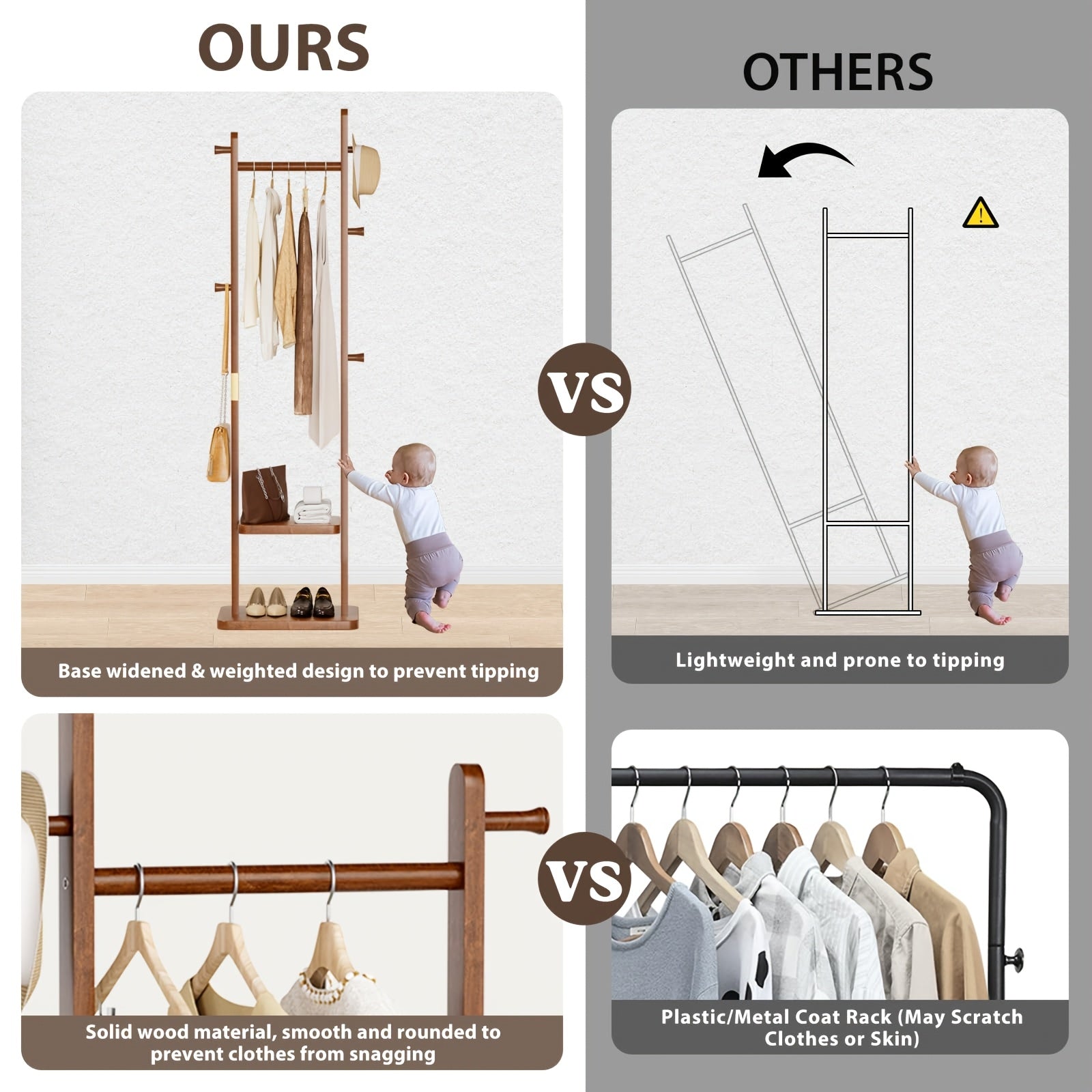 Heavy-Duty Solid Rubberwood Coat Rack Freestanding with Wheels - Wide Base Shoe Storage Suitable for Entryway, Bedroom, Living Room - Portable Clothing Rack with Shelves & Hooks, Assembly, Wood Color (Walnut)