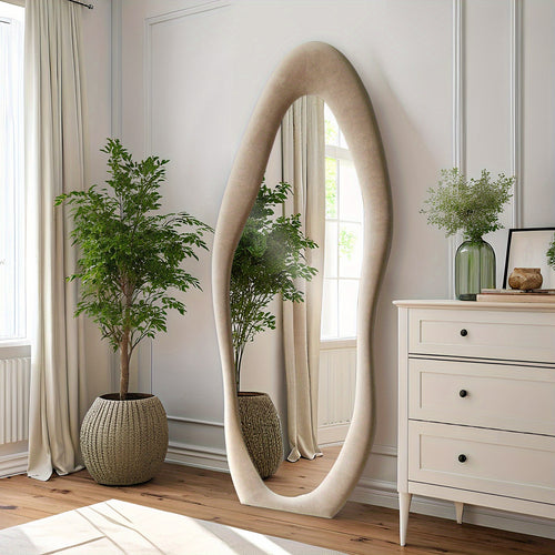 63 X 24 Inches Full Length Mirror Irregular Full Body Wall Mounted Floor Mirror with Stand Ivory Flannel Frame Leaning Hanging Wall Mirror for Bedroom Entrance