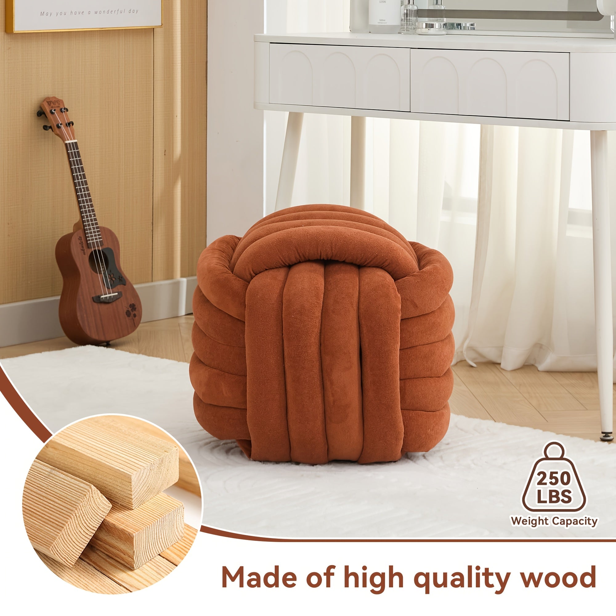 Modern Chenille Fabric Knotted Ottoman Footrest - Orange Plush Stool with Hardwood Frame, Freestanding Compact Design (\u003C27\